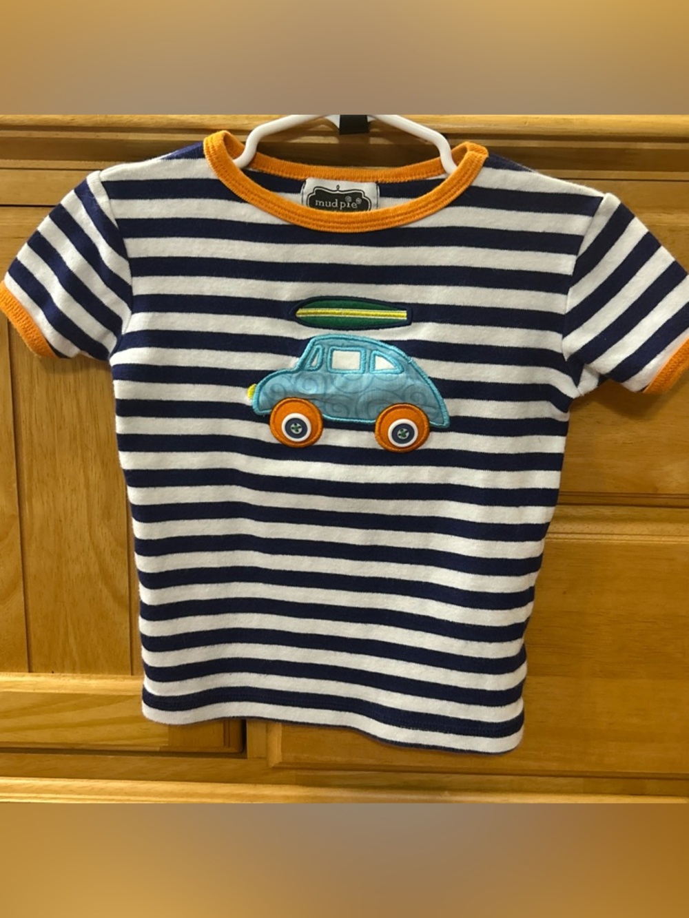 Mud Pie Blue, White & Orange Tee Shirt with Car and Surfboard Appliqué Size 3T